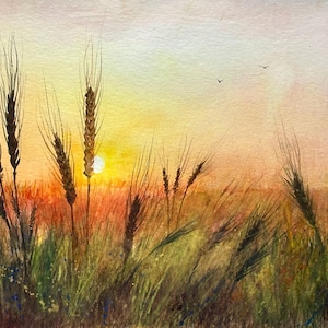 Original Watercolor Painting Golden Sunset over Wheat Field  Watercolor Landscape with Summer A3 Wheat field  in summer sunset yellow field