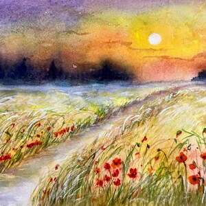 Dipinto ad acquerello originale Campo di grano in estate Tramonto Strada Campo di papaveri Vita rurale Midwest Regalo semi-astratto A4
