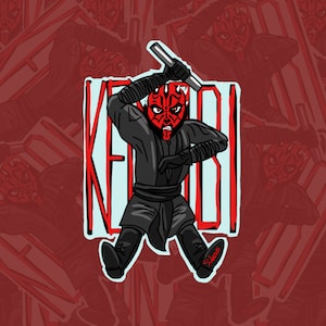 May include: A sticker featuring a cartoon illustration of Darth Maul from Star Wars. The character is depicted in a dynamic pose, wielding a lightsaber. The word "KEBOI" is written in red block letters. The sticker has a light blue background and a red border.