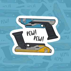 May include: Two cartoon style stickers of futuristic handguns. The top sticker is blue and grey with the text "PEW! PEW!" The bottom sticker is yellow and black.