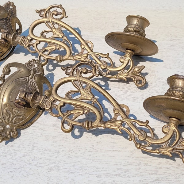 Art Nouveau Brass Piano Wall Sconces, Swivel Candle Holders, Brass, Antique Sconces, Decorative, Home Decor