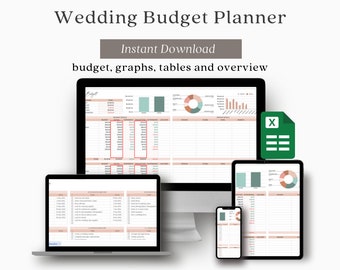 May include: A digital wedding budget planner with graphs, tables, and an overview. The planner is shown on a computer screen, laptop, tablet, and phone. The planner is in a green and pink colour scheme.