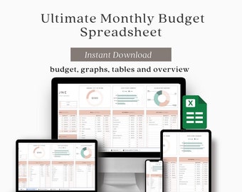 May include: A digital illustration of a computer, tablet, and phone displaying a monthly budget spreadsheet. The spreadsheet includes graphs, tables, and an overview of income and expenses. The text "JNE" and "£2305" are visible on the spreadsheet.