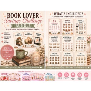 Könnte beinhalten: Ein digitales Spar-Challenge-Paket für Buchliebhaber mit neun druckbaren Karten, die Illustrationen von Büchern, Kerzen und E-Readern zeigen. Das Layout enthält Textüberschriften, Spar-Tracker mit Symbolen und Abschnitte für weitere Sammlungen wie Erdbeer-, Boba- und Strandthemen.
