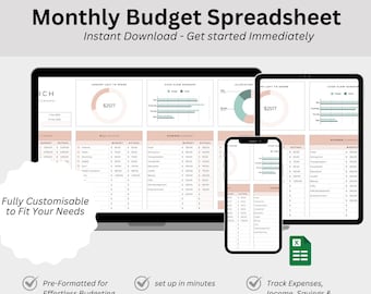 May include: A digital illustration of a laptop, tablet, and phone displaying a monthly budget spreadsheet template. The spreadsheet includes sections for income, expenses, and savings. The text "Monthly Budget Spreadsheet" and "Instant Download - Get started Immediately" is displayed at the top of the image. The text "Fully Customisable to Fit Your Needs" is displayed in a circle at the bottom left of the image. The text "Pre-Formatted for Effortless Budgeting" is displayed in a checkmark at the bottom left of the image. The text "set up in minutes" is displayed in a checkmark at the bottom center of the image. The text "Track Expenses, Income, Savings & More" is displayed in a checkmark at the bottom right of the image. The text "Use on computer, iPad, tablet, phone" is displayed at the bottom center of the image.