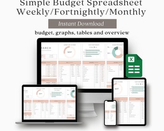 May include: A digital budget spreadsheet template in an Excel file format. The spreadsheet is shown on a computer monitor, laptop, tablet, and smartphone. The spreadsheet includes graphs, tables, and an overview of a budget for the month of March.