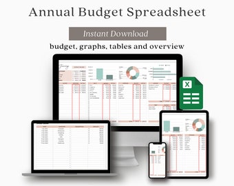 May include: A digital download of an annual budget spreadsheet with graphs, tables, and an overview. The spreadsheet is shown on a computer screen, laptop, tablet, and phone. The spreadsheet is designed with a pink and green colour scheme.