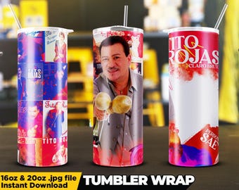 May include: A set of three 20 ounce stainless steel tumblers with colorful designs featuring a man's face, the words "Tito Rojas", and a rooster. The tumblers are for sublimation and are available for instant download.