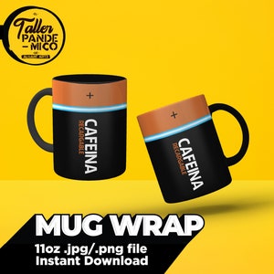 Pode incluir: Duas canecas pretas com um design de bateria e o texto "CAFEINA RECARGABLE" impresso nelas. As canecas estão sobre um fundo amarelo. O texto "MUG WRAP 11oz.jpg/.png file Instant Download" também é visível.