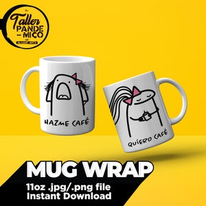 May include: Two white mugs with black and pink illustrations and text. The mug on the left says "Hazme Cafe" and the mug on the right says "Quiero Cafe".