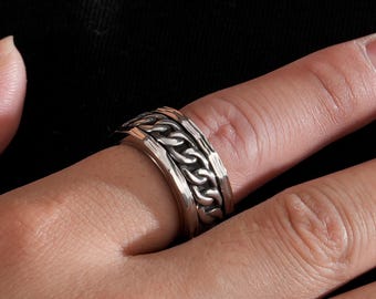 Stainless Steel Fidget Spinner Ring: Rotating Chain, Stress Relief