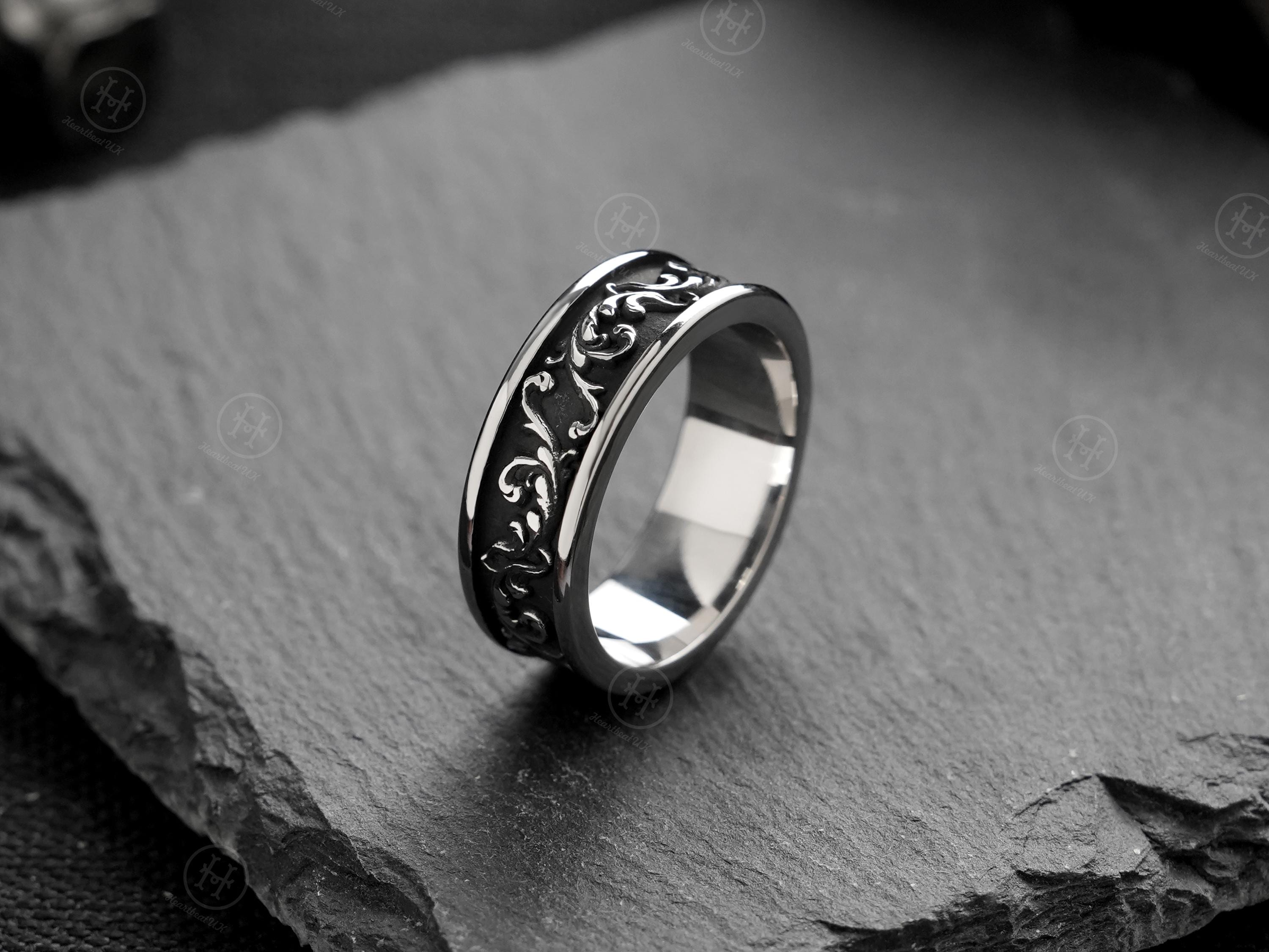 Metal Patterned Rings Engraved Floral Stainless Steel Ring: Vintage Unisex Band - Etsy