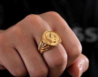 Roman-Inspired Stainless Steel Ring: Caesar Coin Laurel Design, Vintage Men’s Ring