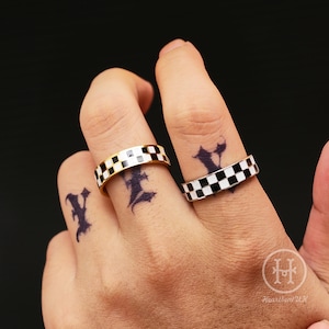 Black & White Checkerboard Rings, Stainless Steel Band Ring, Simple Couple Band Wedding Band Couple Ring Promise Ring Engagement Ring