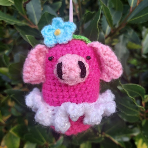 Crochet PATTERN for a pig in a tutu with a flower headband. Instruction for adorable hanging Christmas tree decoration. Confident beginners