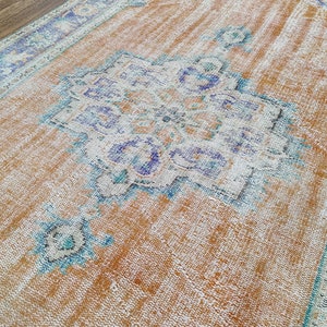 Vintage Oushak Wool Rug 4.4x8.0 ft: Orange, Purple, and Green