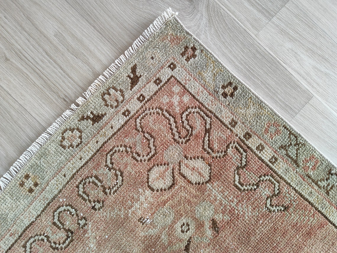 3x5 Faded Green Faded Red Vintage Rug, 3x5 Brown Motifs Oushak Rug