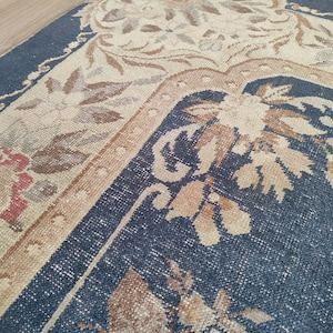Blue Floral Turkish Rug: Vintage Bohemian Small Area Rug (2.2x3.6 Ft)