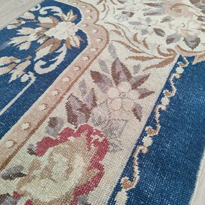 Blue Beige Floral Turkish Rug: 2.1x3.5 Ft Vintage Wool Rug