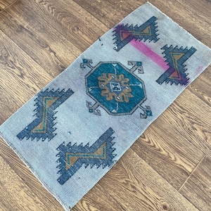 Handmade Wool Turkish Doormat Rug: Gray Blue Entryway Decor (1.3x2.7 ft)