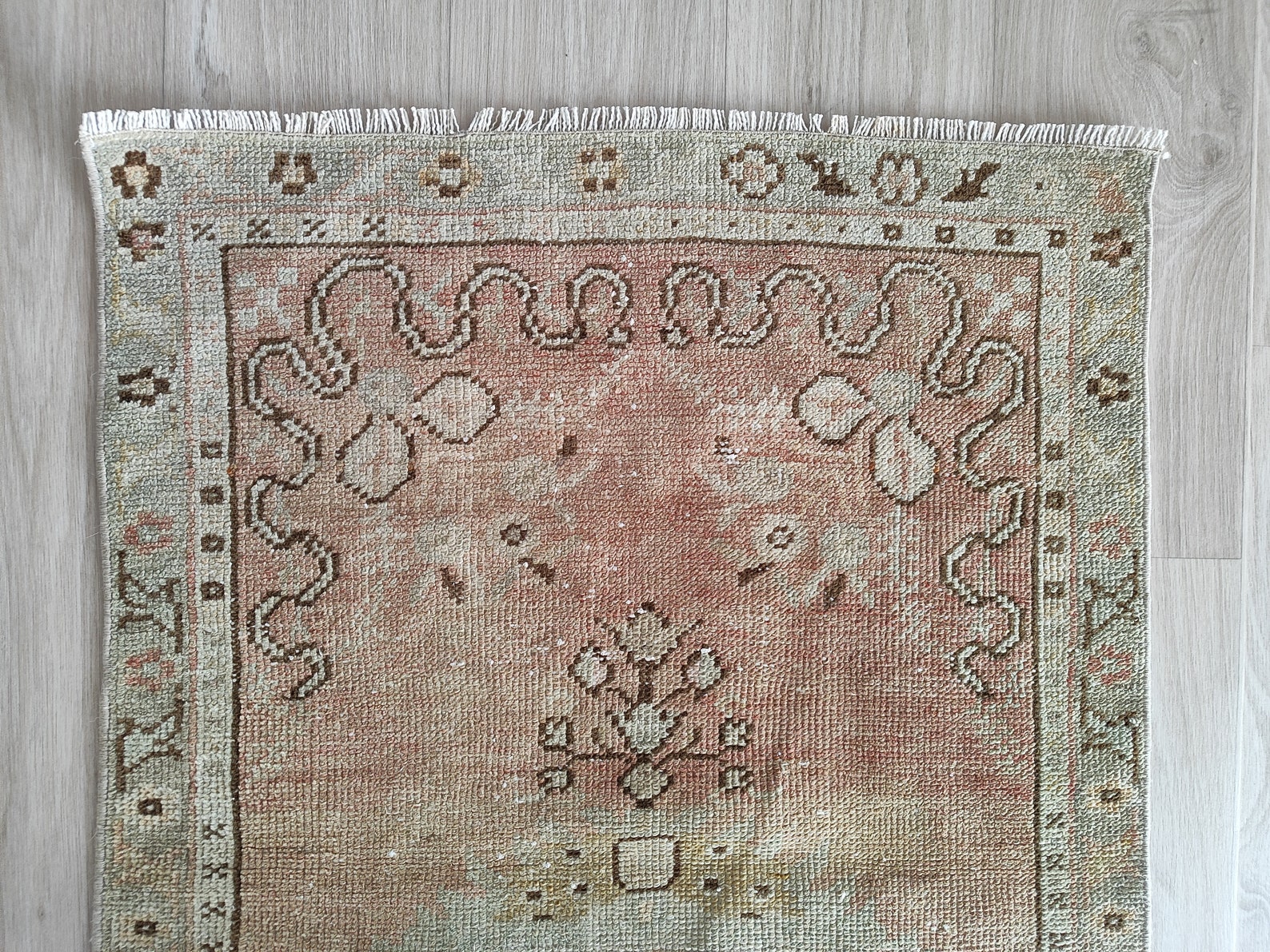 3x5 Faded Green Faded Red Vintage Rug, 3x5 Brown Motifs Oushak Rug