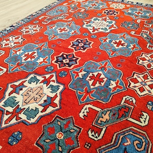 3x6 Vibrant Colors Red Blue Turkish Rug, 3x6 Red Blue White Vintage Rug, Oushak Kitchen Short Runner, Anatolian Rug,Home Decor, 3.2x5.6 Ft
