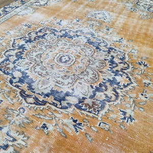 5x8 Orange Navy Blue White Oushak Rug, 5x8 Handmade Turkish Rug, Living Room Bedroom Rug, Kitchen Vintage Wool Rug, Home Decor 5.3x8.2 Ft