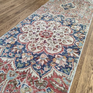 3x9 Red Navy Blue Green Beige Turkish Runner, 3x9 Handmade Oushak Rug, Vintage Kitchen Kids Livingroom Entry Runner, Hallway Rug, 2.6x9.0 Ft