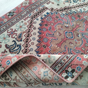 3x6 Red Beige Oushak Runner, 3x6 Blue Motif Turkish Runner, Vintage Kids Kitchen Entry Short Runner, Anatolian Rug, Home Decor, 2.6x6.0 Ft