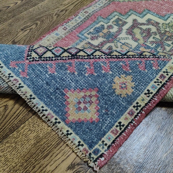 2x3 Blue Pink Yellow Oushak Rug, 2x3 Turkish Small Rug, Handmade Vintage Kids,Kitchen,Entryway Rug, Bathroom Rug, Home Decor, 1.8x3.3 Ft