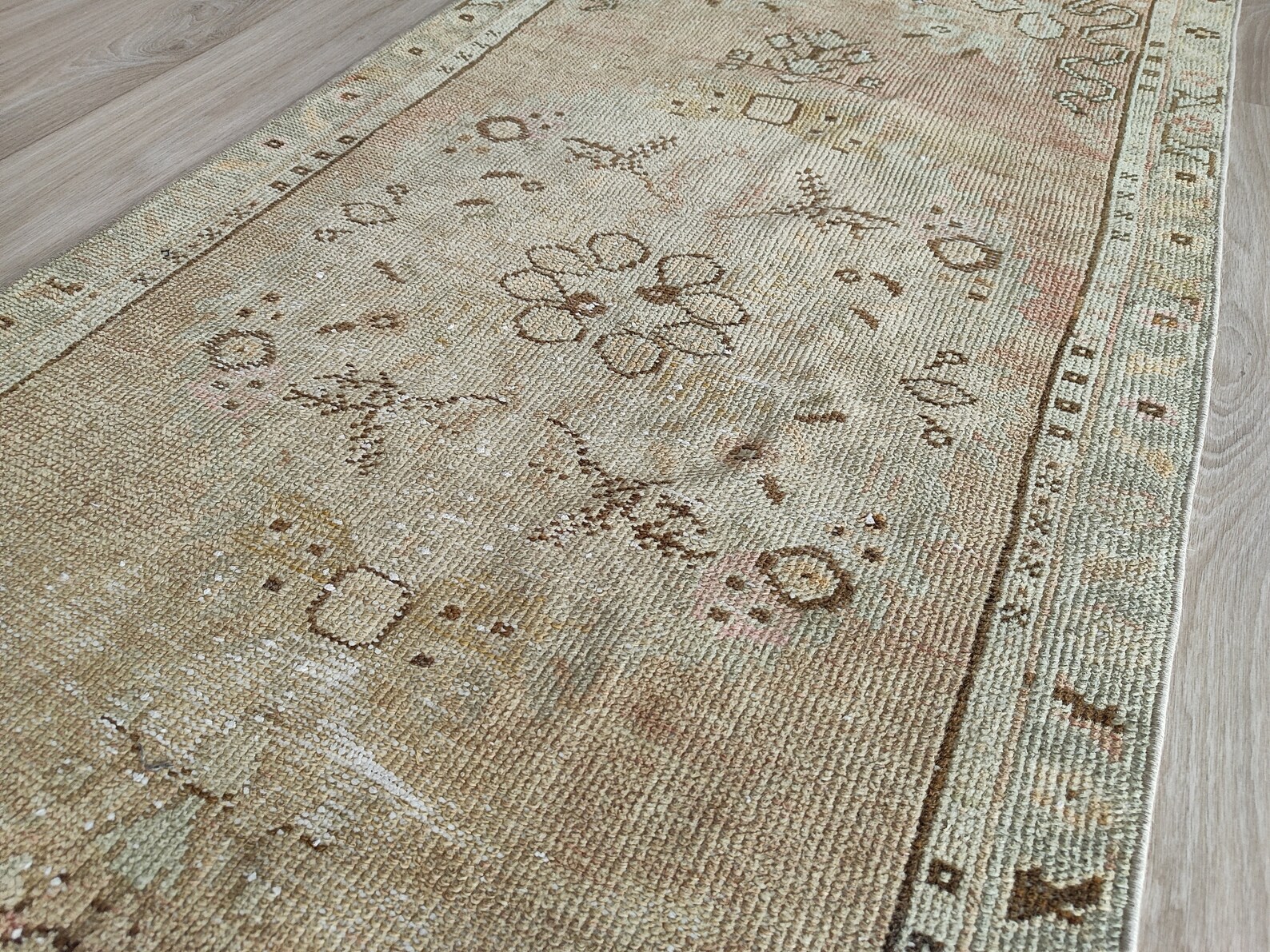 3x5 Faded Green Faded Red Vintage Rug, 3x5 Brown Motifs Oushak Rug