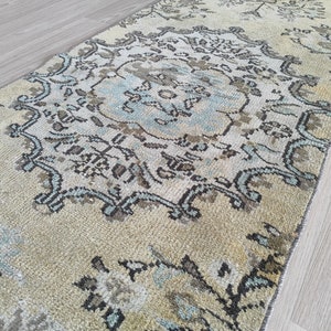 3x9 Green Blue Beige Brown Wool Oushak Runner Rug, 3x9 Vintage Runner Rug, Handmade Turkish Hallway Runner Rug,Kitchen Entry Rug, 2.6x9.4 Ft