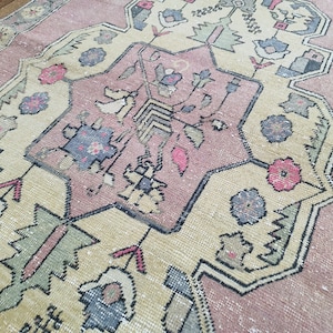 4x8 Vintage Oushak Rug: Pink, Yellow, Blue, and Green Organic Wool