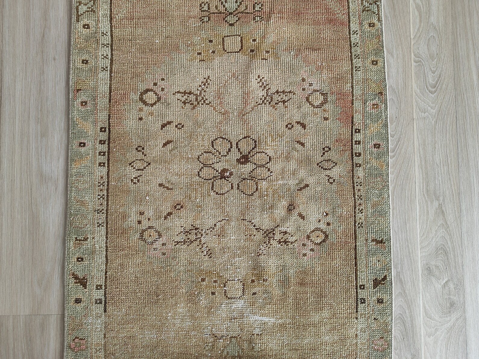 3x5 Faded Green Faded Red Vintage Rug, 3x5 Brown Motifs Oushak Rug