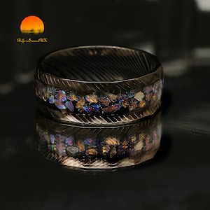 Starlight Lovers, Meteorite & Galaxy Opal Hammered Black Tungsten Alloy Men&#39;s Ring, Personalized Men Tungsten Wedding Ring, Anniversary Gift