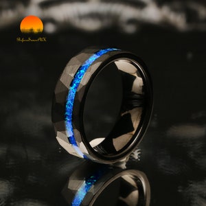 Starlight Lovers - Meteorite & Galaxy Opal Hammered Wolfram Men&#39;s Rings, Men&#39;s Wedding Rings, Personalized Tungsten Rings, Anniversary Gift