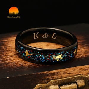 Galactic Lovers - Blue Opal & Meteorite Gold Foil Tungsten Rings, Men&#39;s Meteorite Rings, Commitment Rings, Personalized Anniversary Rings