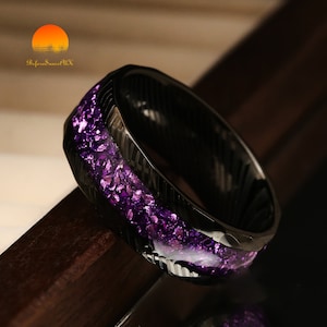 Galactic Space Nebula Alexandrite Ring 8mm - Tungsten and Blue Sandstone Women/Men Hammered Wedding Ring - Personalized Men&#39;s Ring