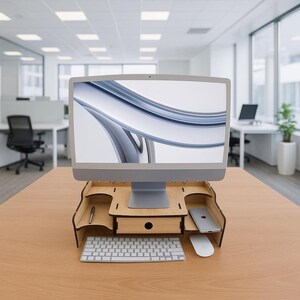 May include: A wooden computer monitor stand with a built-in drawer and compartments for accessories. A silver computer monitor, keyboard, and mouse are on the stand. The stand is on a light brown wooden desk in an office setting.