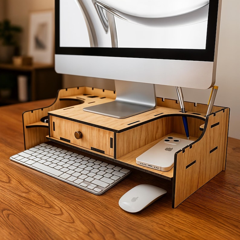 May include: A wooden computer monitor stand with a drawer, pen holders, and a shelf for a phone. The stand is made of light-colored wood and has a keyboard and mouse in front of it. The stand is on a wooden desk.