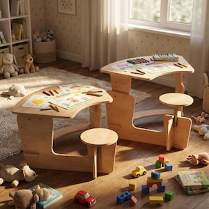 May include: Two wooden children's desks with attached stools. Each desk has a curved tabletop with drawings and colored pencils. The desks are light brown and sit on a hardwood floor. Toys, including blocks and toy cars, are scattered around the desks.