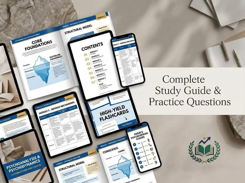 May include: A collection of study materials including an open textbook, multiple tablets, and smartphones displaying educational content on psychology, featuring diagrams of the iceberg model, Freud's psychosexual stages, and defence mechanisms.