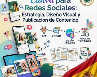 May include: A digital marketing graphic titled Canva para Redes Sociales: Estrategia, Diseño Visual y Publicación de Contenido. It features smartphones displaying social media posts, icons for ideas and messaging, design templates, and a Spanish flag.