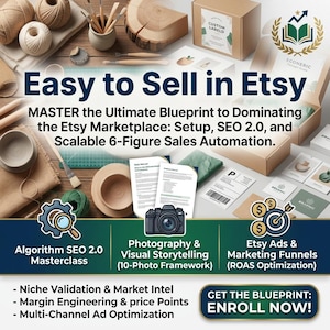 May include: A business educational guide titled Easy to Sell in Etsy, featuring text about SEO 2.0, sales automation, and marketing. The layout includes icons for a magnifying glass, a camera, and a target, alongside craft supplies like yarn and pottery.