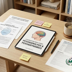 Puede incluir: Una tableta que muestra un minicurso de psicoanálisis y psicodinámica con una ilustración de cerebro a color, rodeada de guías de estudio impresas, notas adhesivas con términos clave, un bolígrafo negro y una taza de café.