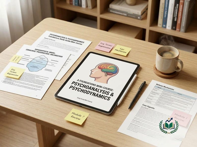 May include: A tablet displaying a psychoanalysis and psychodynamics mini-course with a colourful brain illustration, surrounded by printed study guides, sticky notes with key terms, a black pen, and a ceramic mug of coffee.