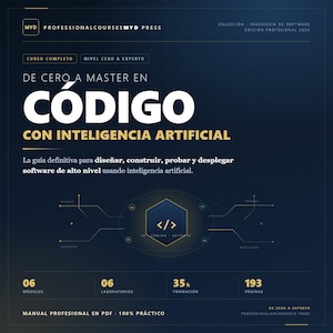 May include: A dark blue educational manual cover titled DE CERO A MASTER EN CÓDIGO CON INTELIGENCIA ARTIFICIAL. It features a central hexagon with code symbols, technical diagrams, and text detailing 6 modules, 6 labs, 35 hours of training, and 193 pages.