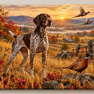 May include: A rectangular canvas print featuring a brown and white spotted German Shorthaired Pointer standing in a field of tall golden grass. A colorful pheasant stands on a rock in the foreground, while two other pheasants fly in a sunset sky.
