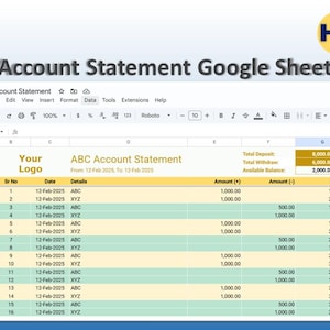 Può includere: Un foglio di calcolo di Google Sheet con un estratto conto di esempio. Il foglio di calcolo mostra un elenco di transazioni con date, dettagli, importi e saldi. Il foglio di calcolo mostra anche il deposito totale, il prelievo totale e il saldo disponibile.
