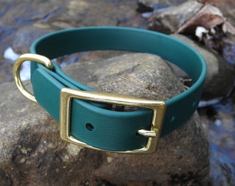 Biothane Adjustable Dog Collar. Green Vegan Leather. Many colours/ sizes. Waterproof w/ rose gold, black, brass or nickel plated hardware